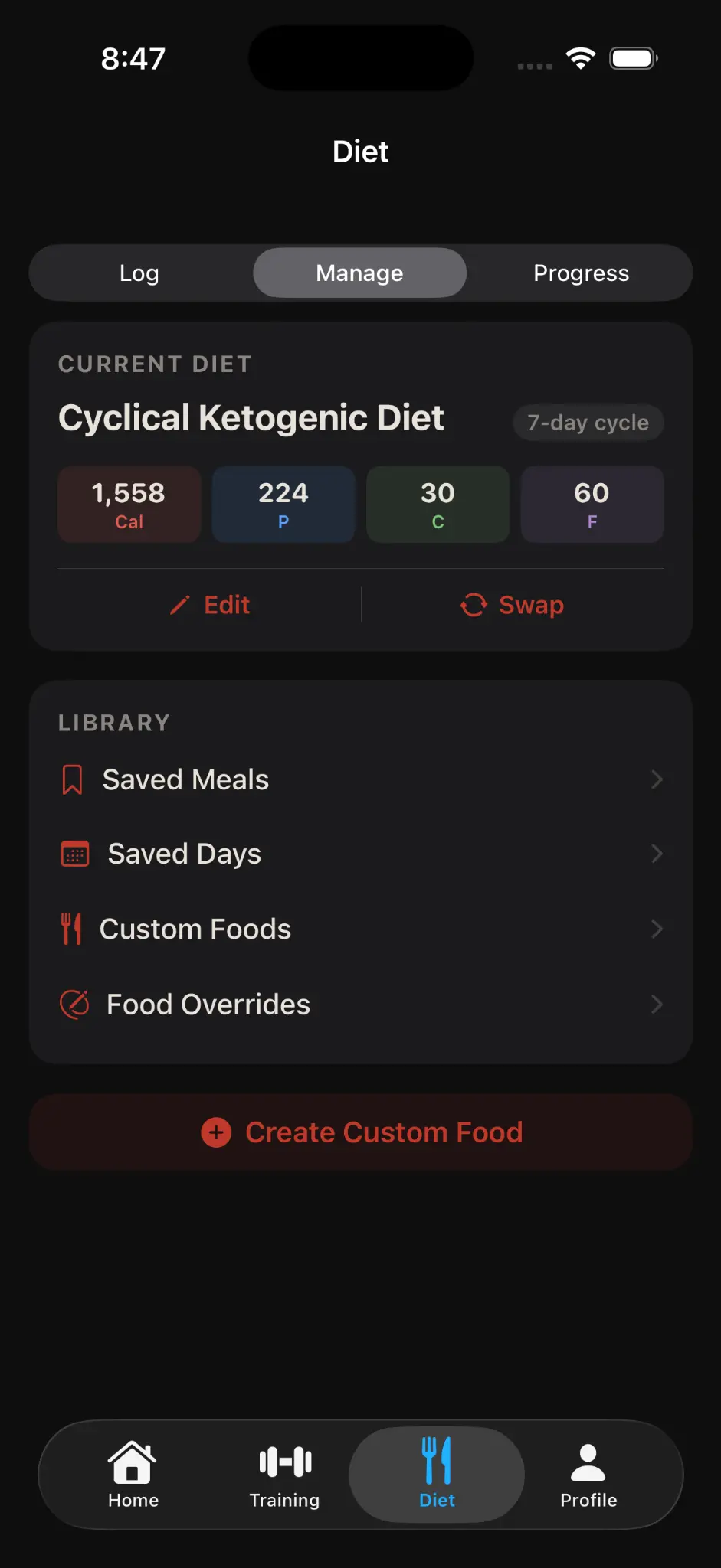 Korivo diet management screen showing a cyclical ketogenic diet and saved library items.