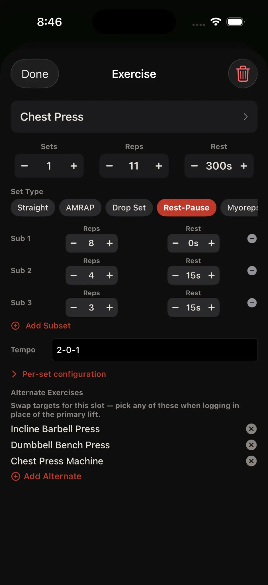 Korivo exercise configuration screen with set types, subsets, tempo, and alternate exercise options.