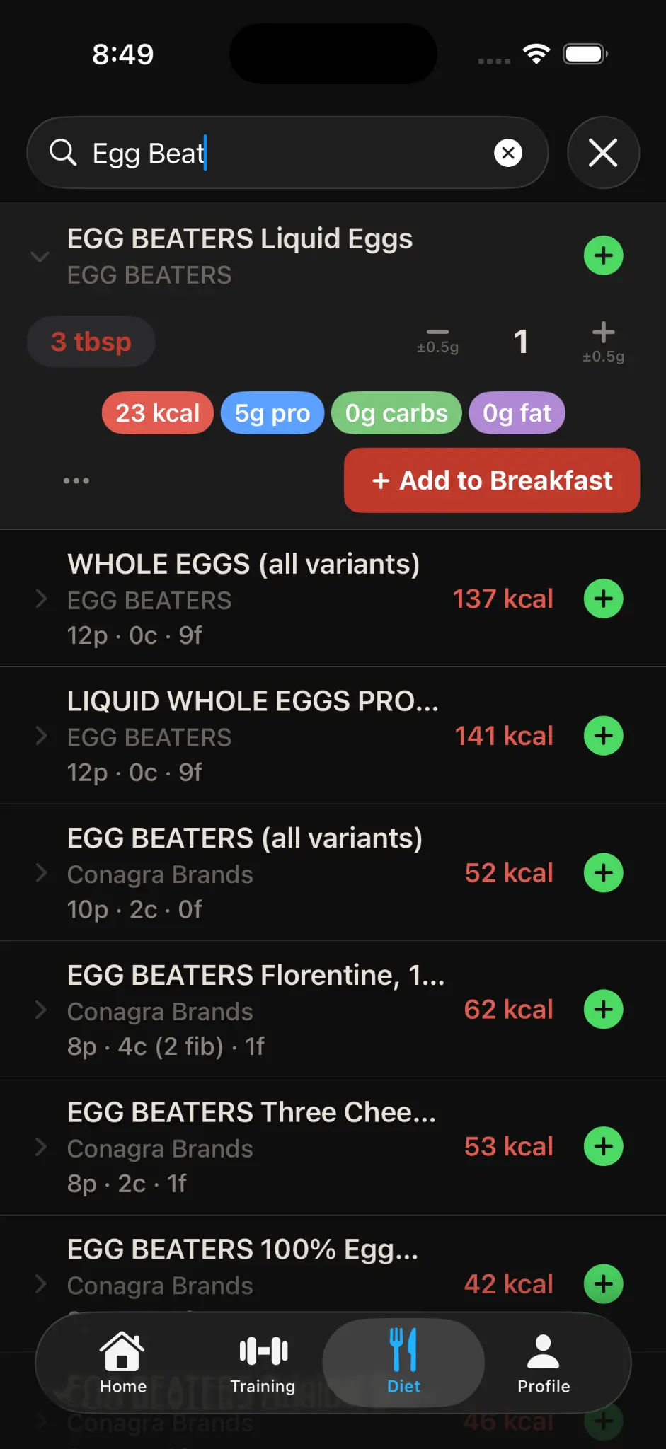 Korivo food search screen showing egg products and macro chips in a dark interface.