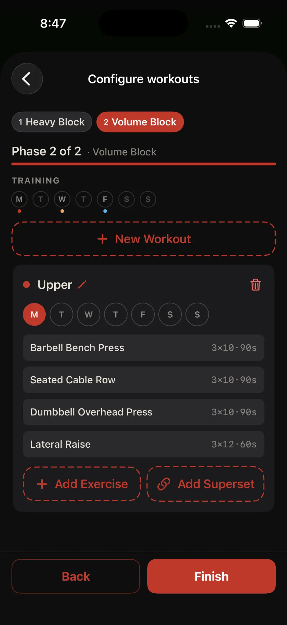 Korivo configure workouts screen showing training days, exercises, and add exercise actions.