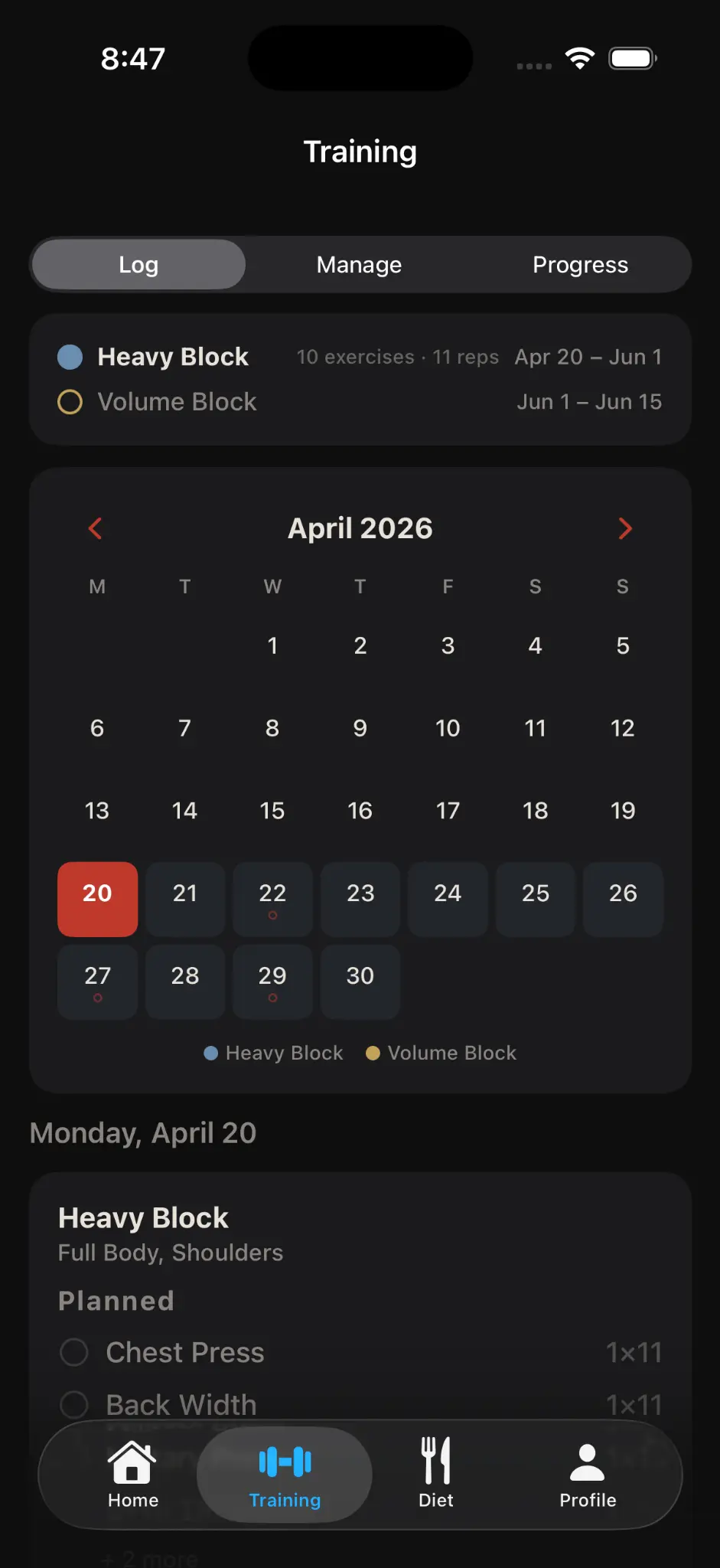 Korivo training calendar screen showing heavy and volume block scheduling across a month view.