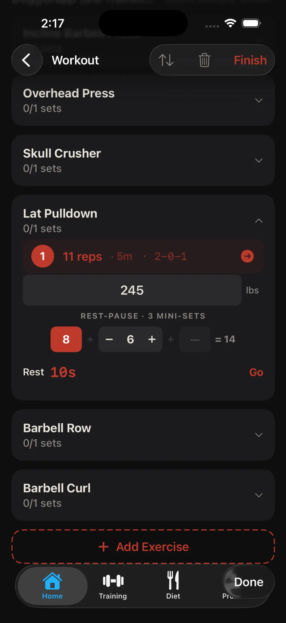 Korivo training log — rest-pause Lat Pulldown, 245 lbs, 3 mini-sets