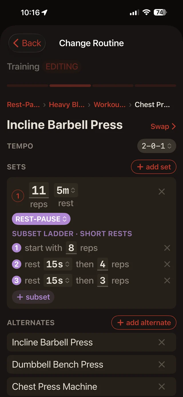 Korivo set editor showing a rest-pause subset ladder: eight reps, fifteen seconds, four reps, fifteen seconds, three reps.