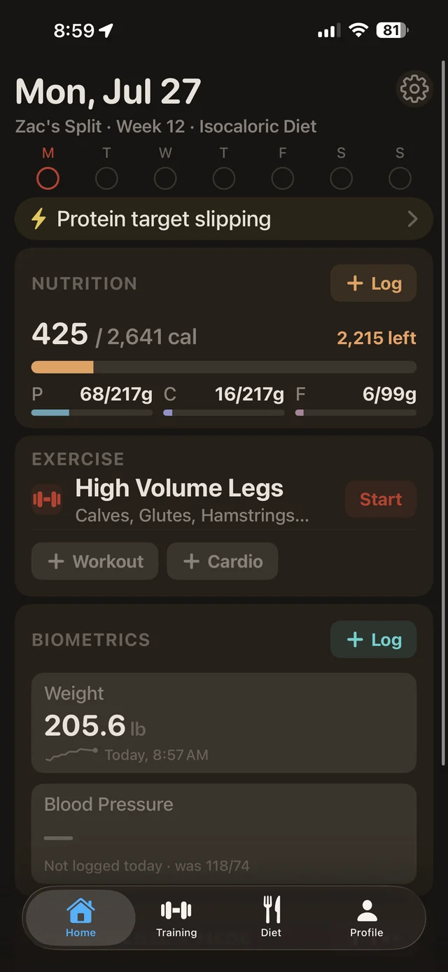Korivo home screen: the program week, an insight banner, nutrition progress, today's workout with a cardio shortcut, and biometrics.