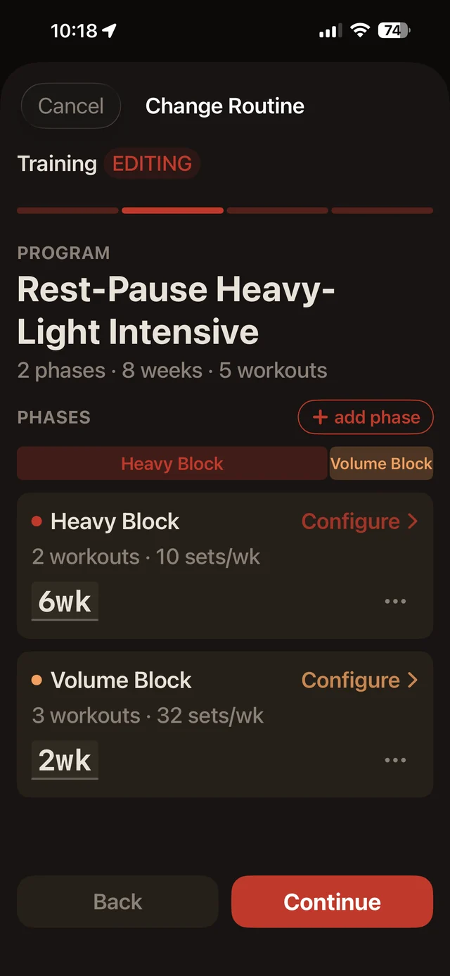 Korivo program editor showing a two-phase program with a six week heavy block and a two week volume block.