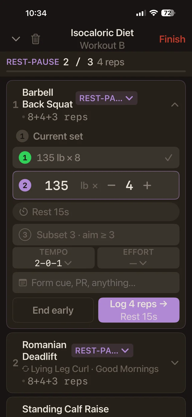 Korivo logging a rest-pause set: subset two of three at 135 lb, with a fifteen second rest queued.