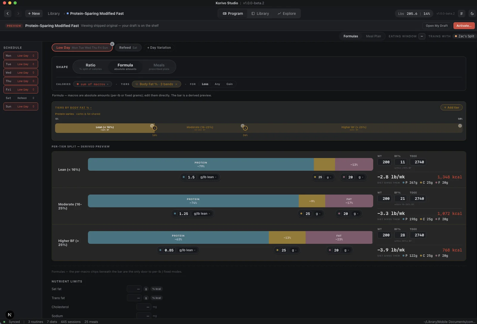 Korivo Studio formula constructor: a body-fat tier strip with three draggable bands, each resolving live to its own macro split, weekly rate, and calories.